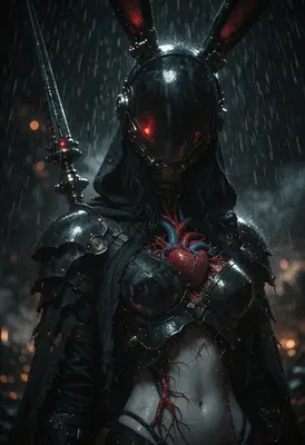 Cybernetic Rabbit Knight in the Rain