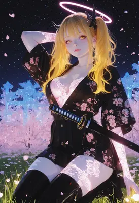 Celestial Samurai in Cherry Blossom Night