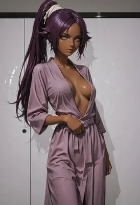 Purple Haired Beauty in Silk Robe