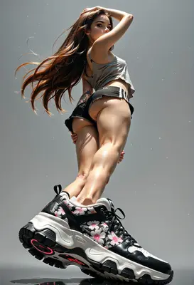 Woman Posing Atop Giant Floral Sneaker
