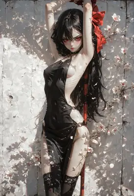 Crimson Eyes Amidst Falling Petals