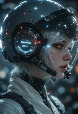 Cybernetic Pilot with Glowing Red Eyes