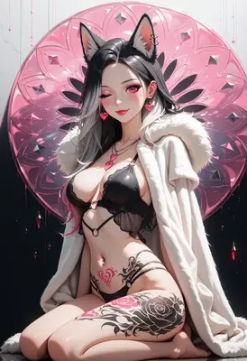 Winking Cat Girl with Floral Tattoos
