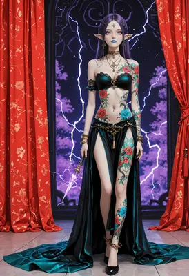 Elf Sorceress with Vibrant Floral Tattoos