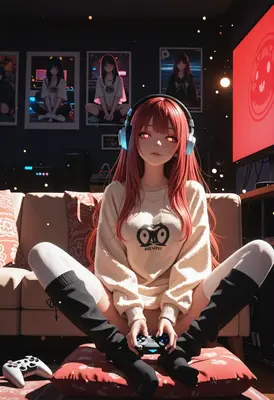 Red Haired Gamer Girl Relaxing