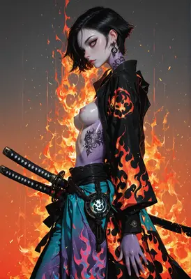 Fiery Ronin with Dual Katana Swords