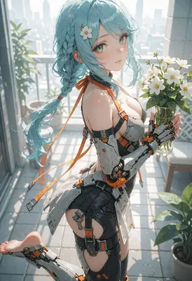 Cyborg Maiden With White Flowers