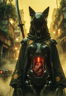 Cyborg Ronin in a Ruined City