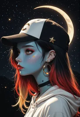 Celestial Stargazer Under Crescent Moon