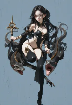 Dark Sorceress and Her Reptilian Familiars