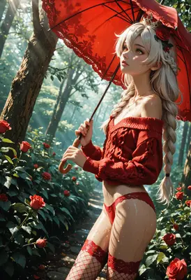 Rose Garden Princess with Red Umbrella