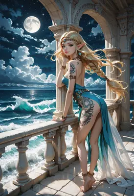 Moonlit Elf by the Ocean Balcony