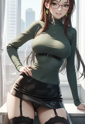 Elegant Office Lady in Green Turtleneck