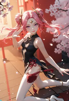 Pink Haired Beauty Under Cherry Blossoms