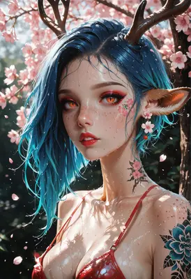 Dewy Deer Spirit Under Cherry Blossoms
