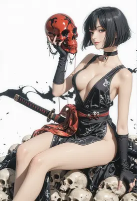 Samurai Girl Resting Upon Skulls