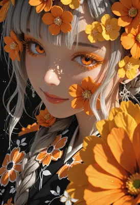 Anime Girl Surrounded by Orange Flowers