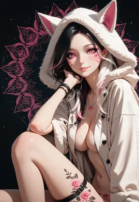 Cat Girl with Rose Tattoos