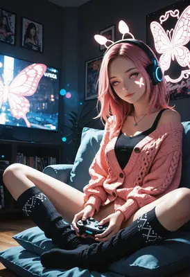Cozy Pink Haired Gamer Girl