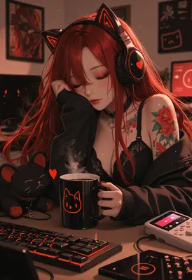 Sleepy Gamer Girl with Red Hair