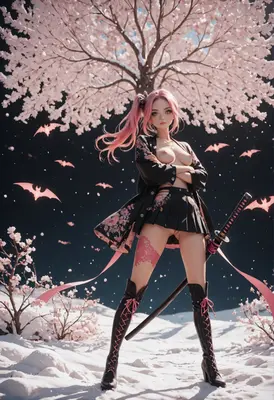 Pink Haired Warrior Beneath Cherry Blossoms