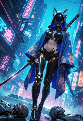 Cybernetic Ronin in Neon Rain
