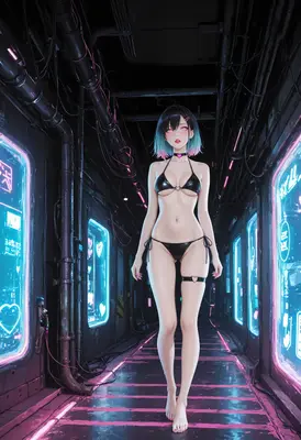 Neon Cyberpunk Maiden in Black Bikini