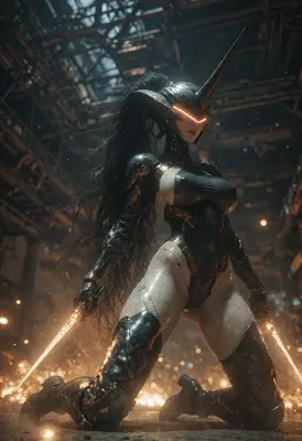 Cybernetic Warrior Kneeling in Ruins