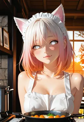 Cat Girl Maid Cooking at Sunset