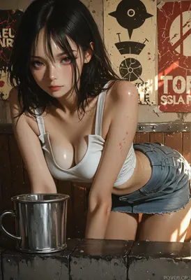 Wet Summer Girl Beside Metal Mug