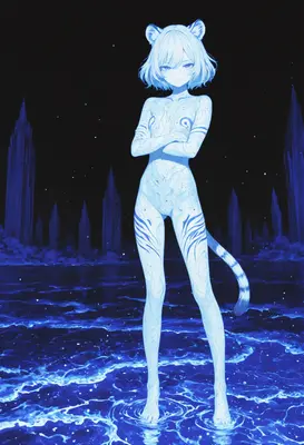 Luminous Cat Girl in Midnight Waters
