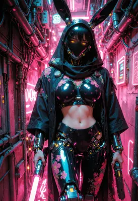 Cybernetic Bunny Assassin in Neon Alley