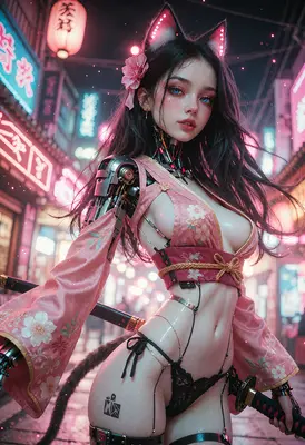Cybernetic Kitsune Warrior in Neon Alley