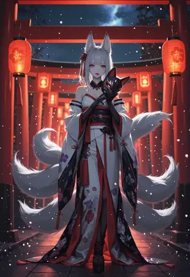 Mystical Kitsune Under Red Torii Gates