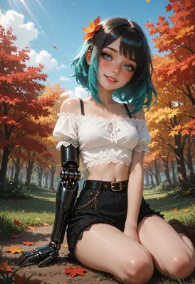 Cyborg Girl in Autumn Forest