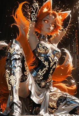 Fiery Kitsune Warrior in Glowing Armor