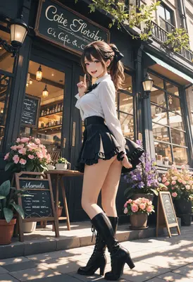 Cheerful Girl at the Floral Cafe