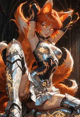 Fiery Kitsune Warrior in Ornate Armor