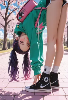 Playful Schoolgirl Bending Under Cherry Blossoms