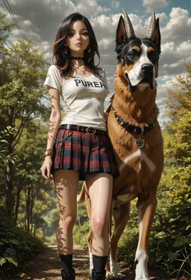Girl Standing with Horned Guardian Dog