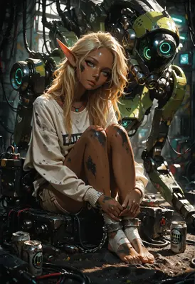 Elf Mechanic Beside Her Massive Mech
