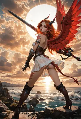 Crimson Winged Demon Warrior at Sunset