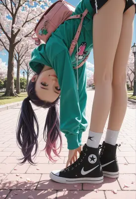 Cheerful Girl Bending Over Cherry Blossoms