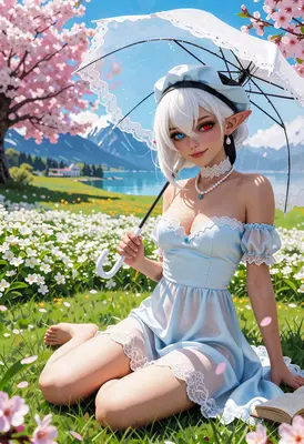 Elf Girl Resting Under Cherry Blossoms