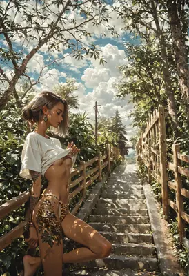 Sunlit Jungle Path with Leopard Tattoo Girl