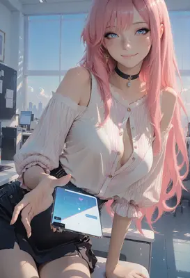 Pink Haired Office Girl Sharing Tablet