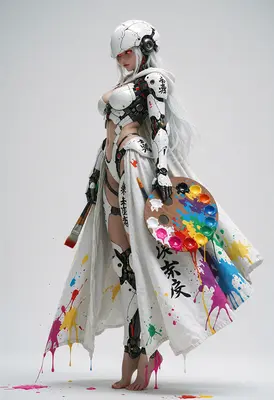 Cyborg Artist in Paint Splattered Robes