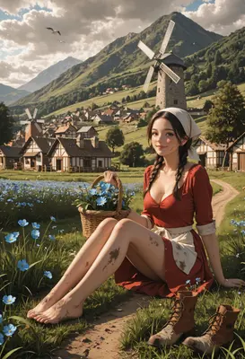 Country Girl Resting in Flower Fields