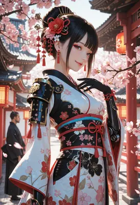 Cyborg Samurai Maiden in Cherry Blossoms