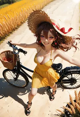 Summer Girl Cycling Through Wheat Fields